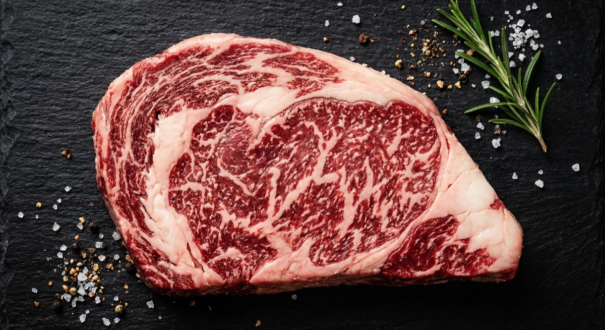 Fresh ribeye steak with beautiful marbling