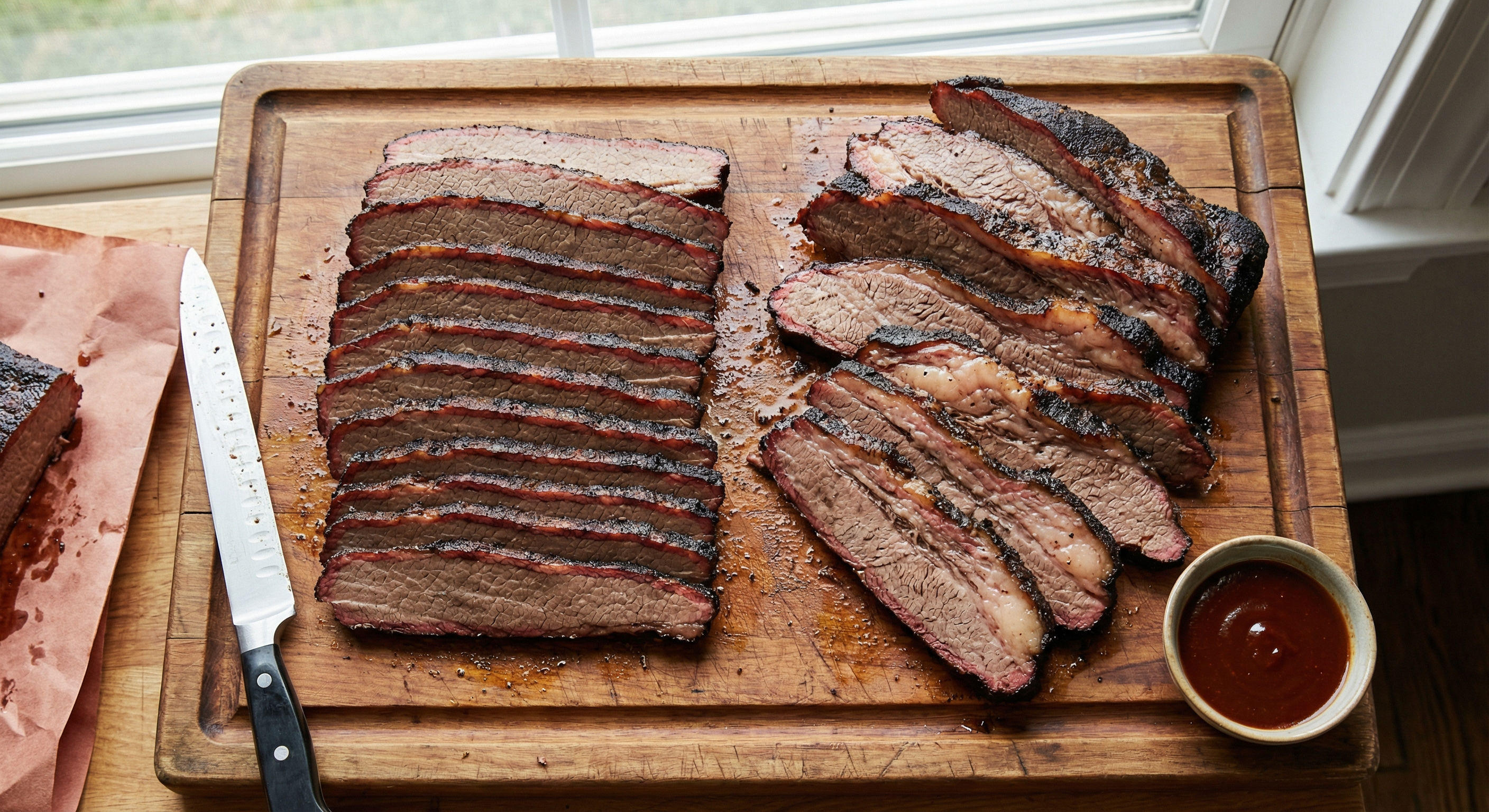 Comparison of sliced brisket flat and point showing lean uniform texture versus marbled richness