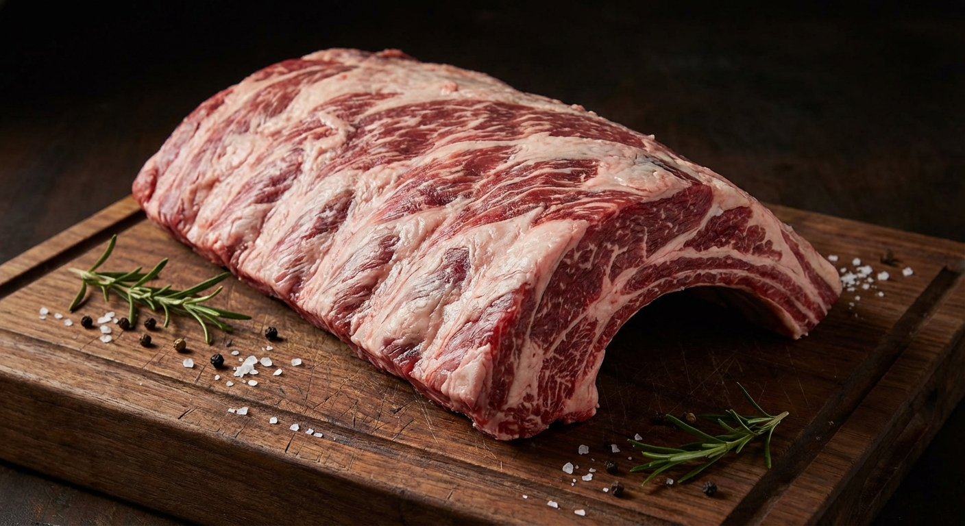 Raw beef back ribs showing the curved rack with meat between the bones and rich marbling