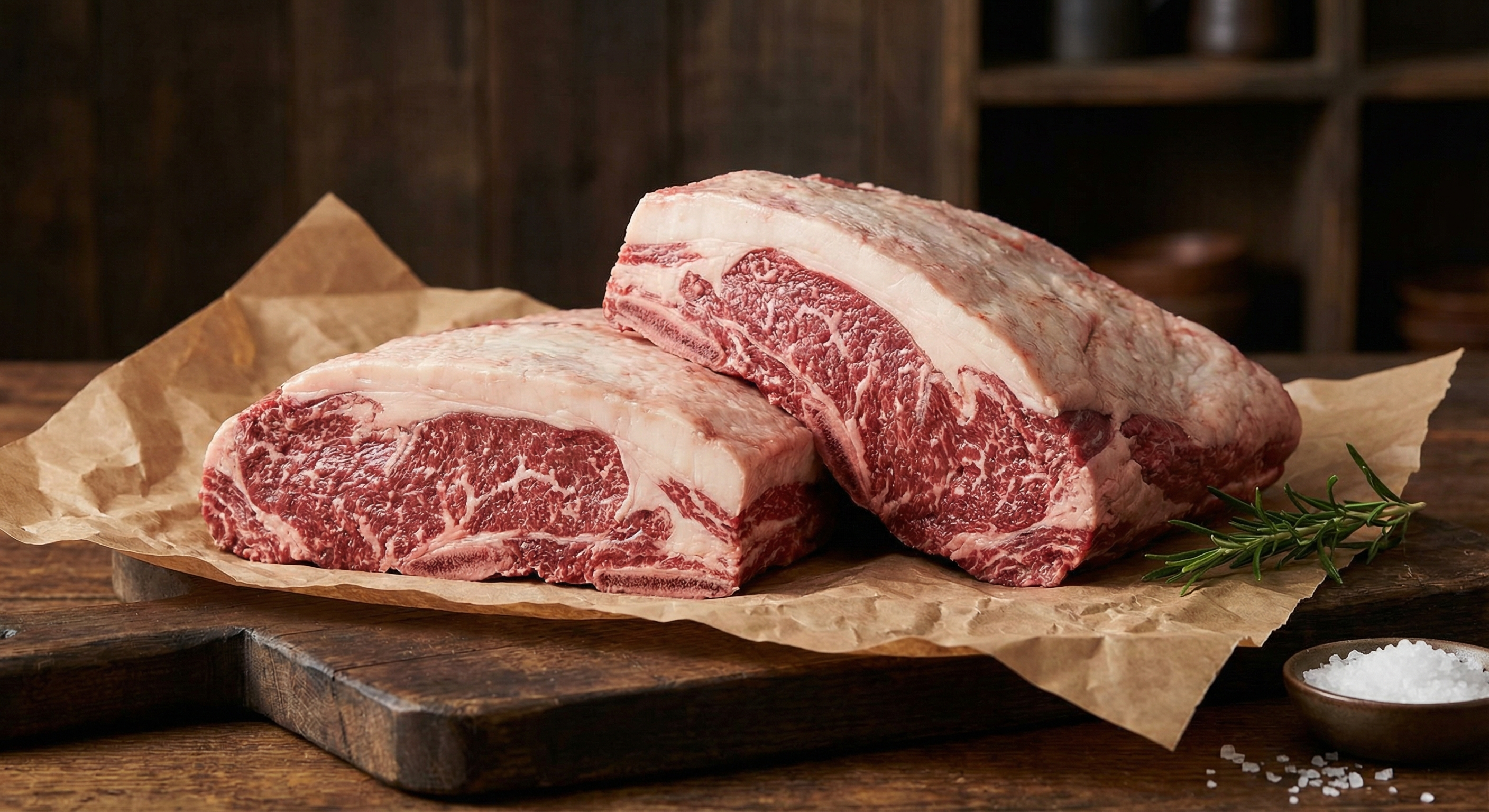 Beef brisket and short ribs raw cuts showing fat cap and marbling