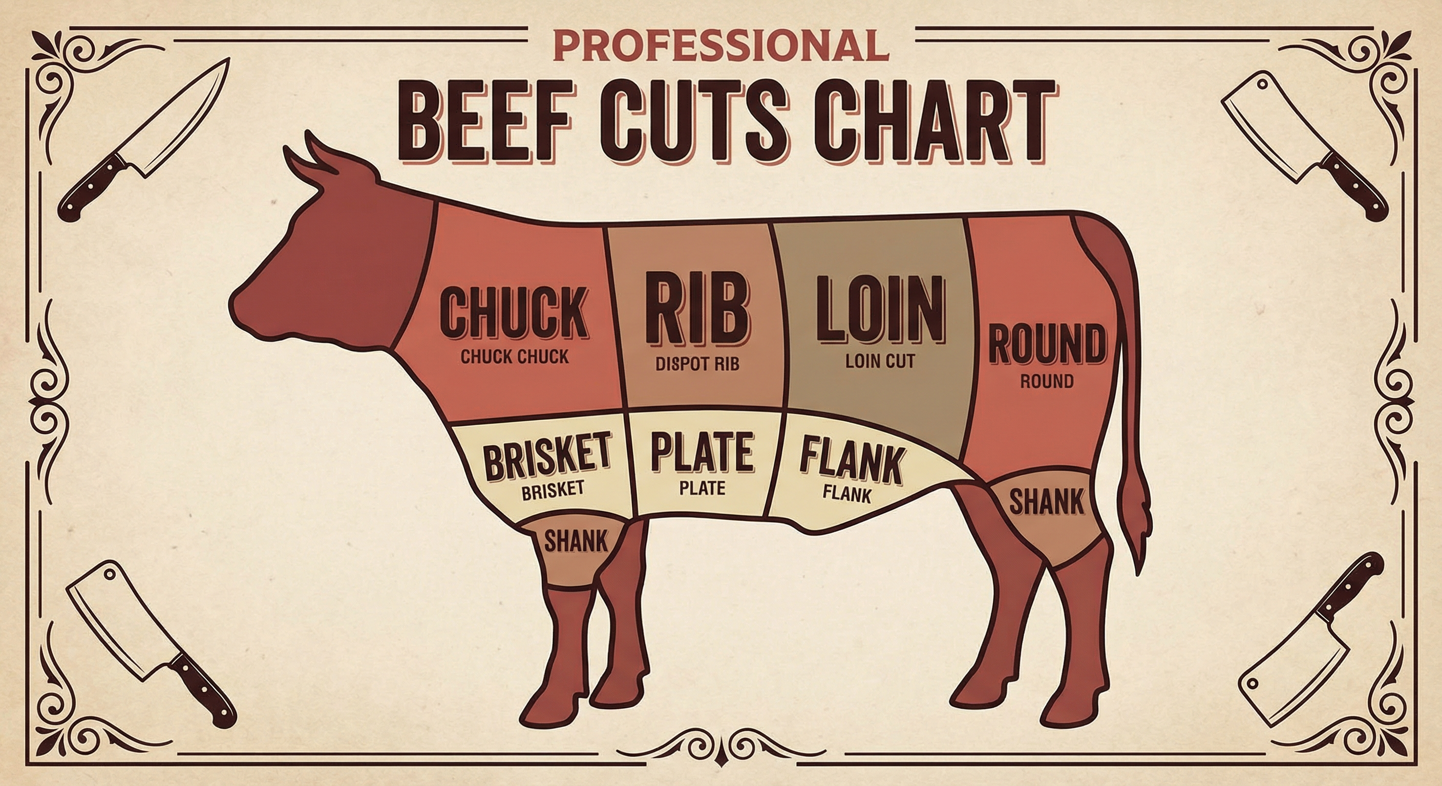 Complete beef cuts chart showing all primal cuts labeled on a cow diagram