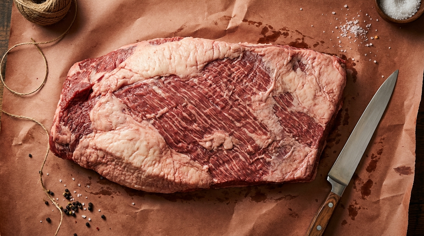 Raw whole packer brisket on brown butcher paper showing fat cap and point-flat sections with slicing knife