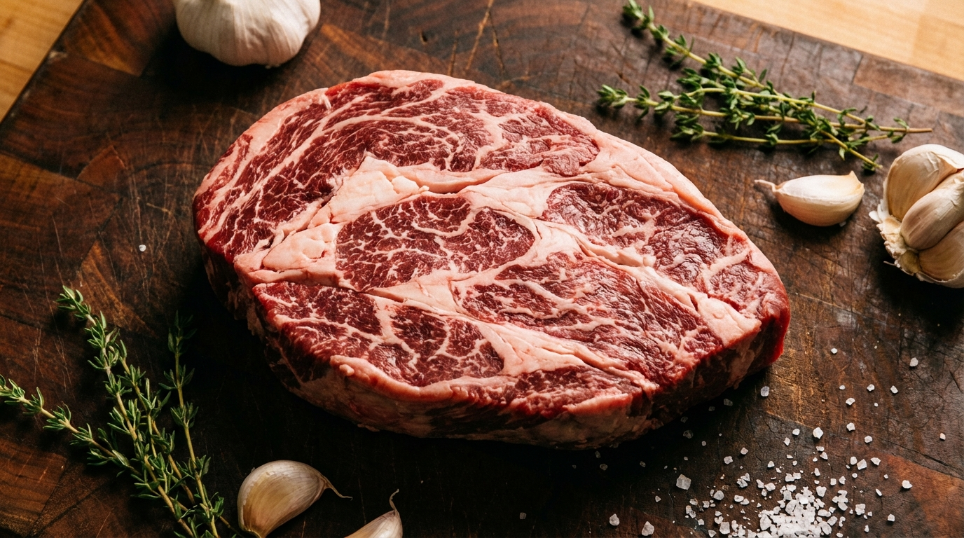 Raw beef chuck roast with visible connective tissue on dark butcher block beside garlic and thyme