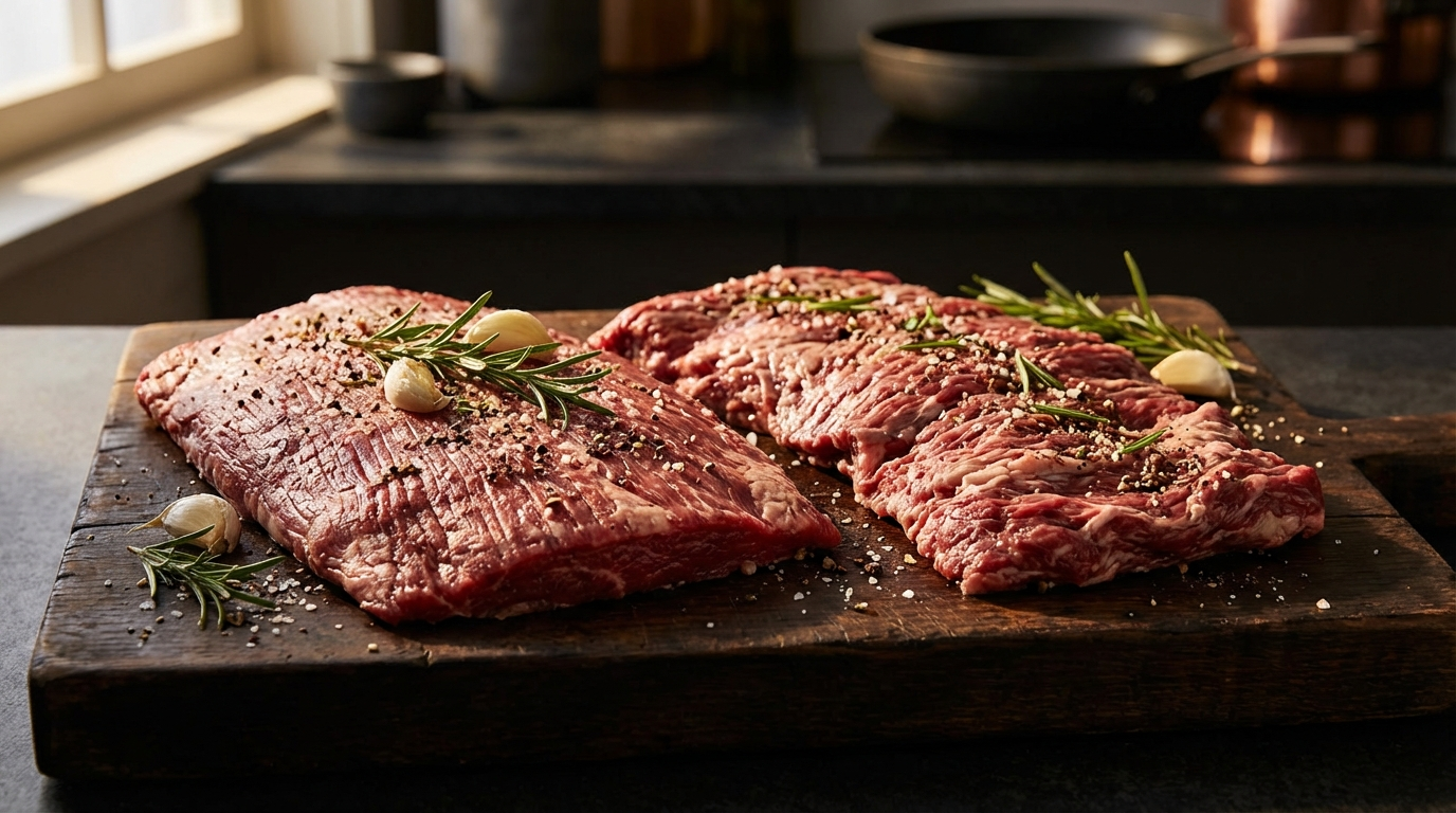 Raw flank steak and skirt steak side by side on dark wood showing distinct grain patterns