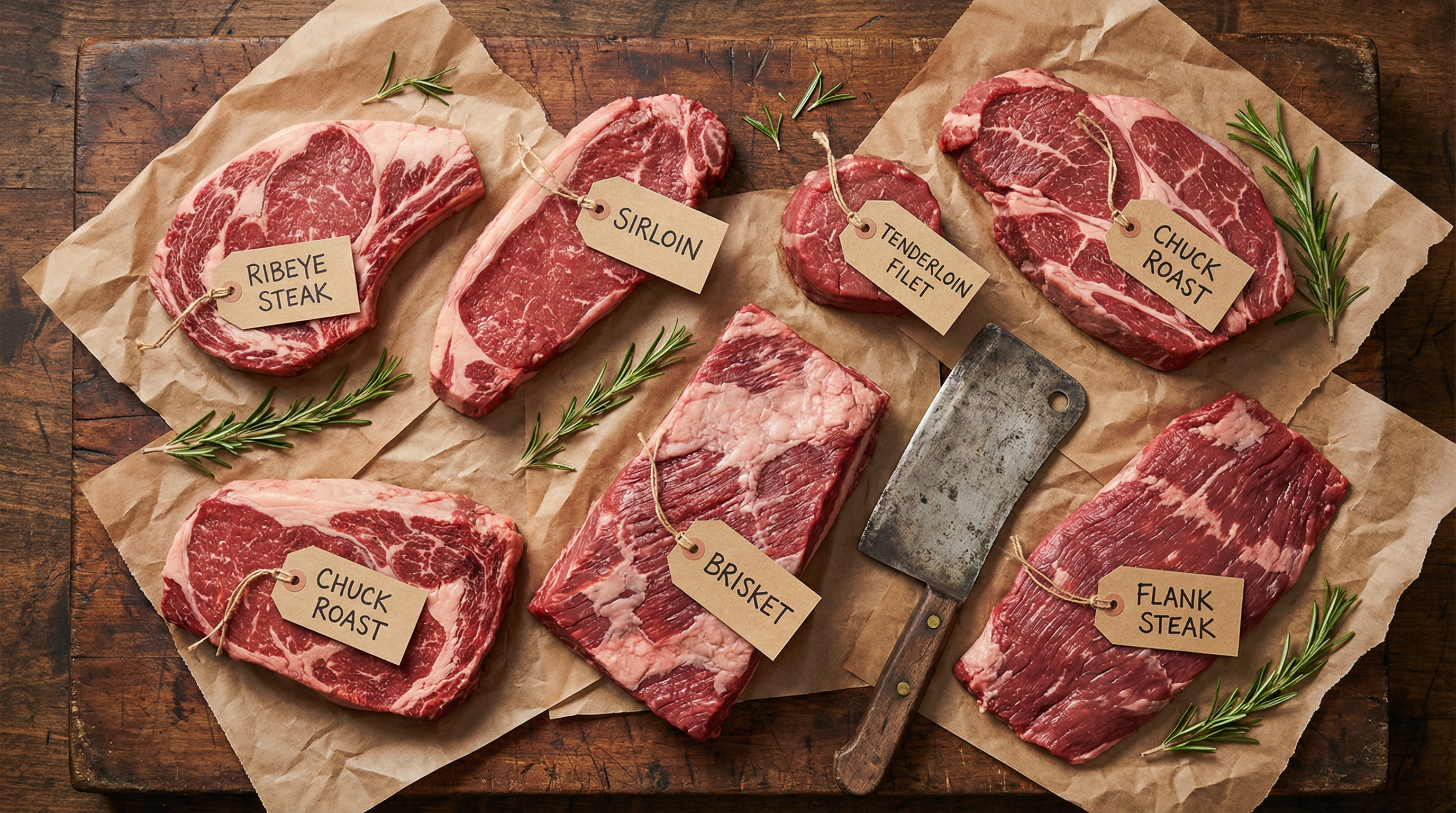 Overhead view of various raw beef cuts arranged on dark butcher counter with brown paper and vintage knife