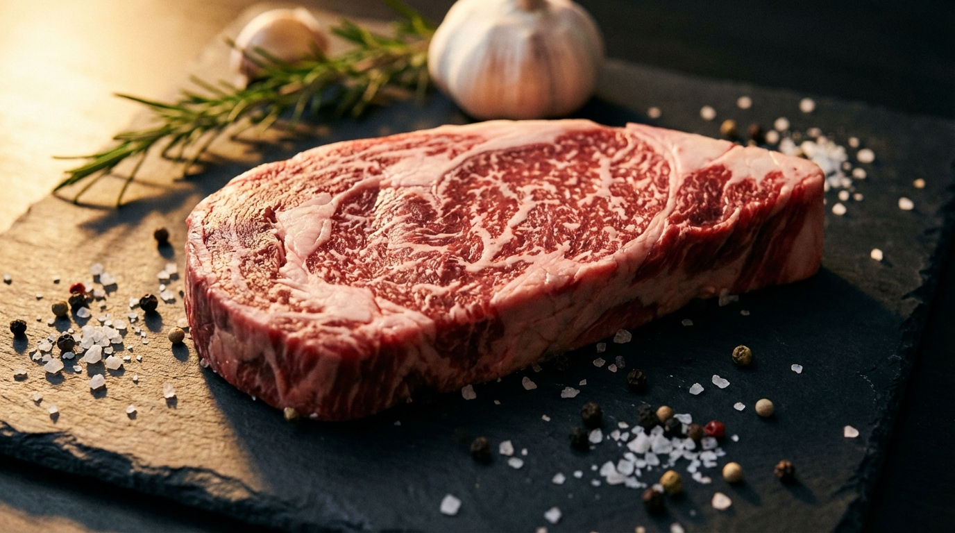 Raw ribeye steak on dark slate showing extensive intramuscular marbling with coarse salt