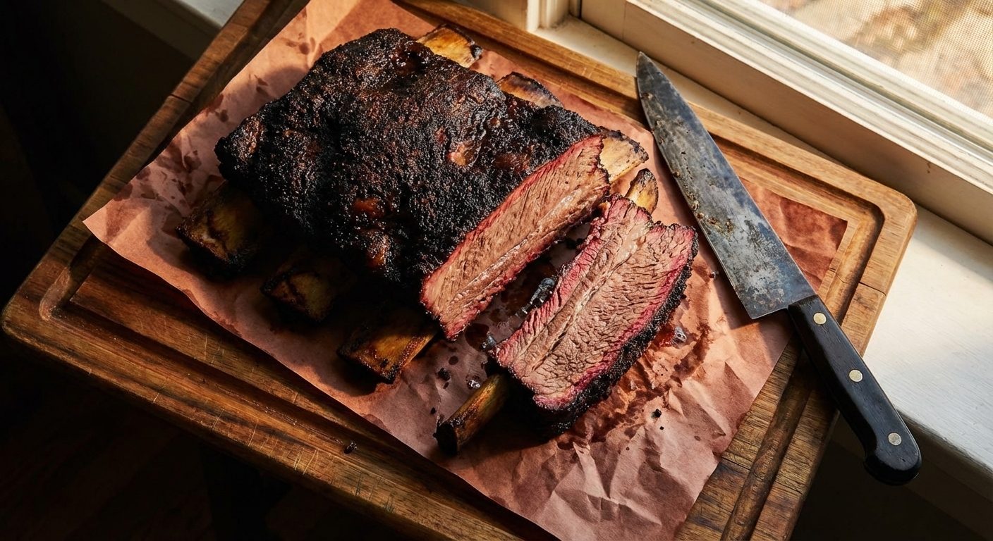 Smoked beef plate ribs on a cutting board showing dark bark exterior and pink smoke ring on sliced section