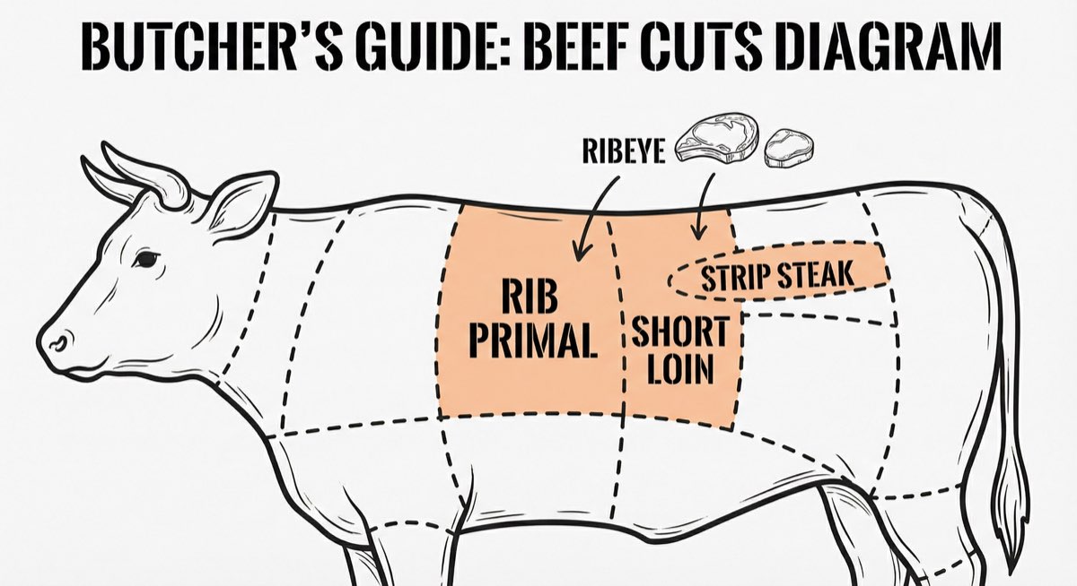 Beef primal cut diagram showing where ribeye and strip steak are located on the carcass