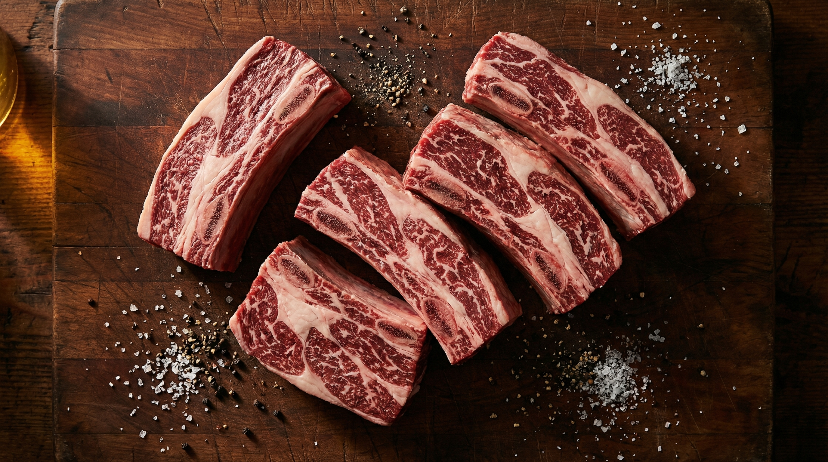 Raw bone-in English-cut beef short ribs on a dark butcher block with coarse salt and peppercorns