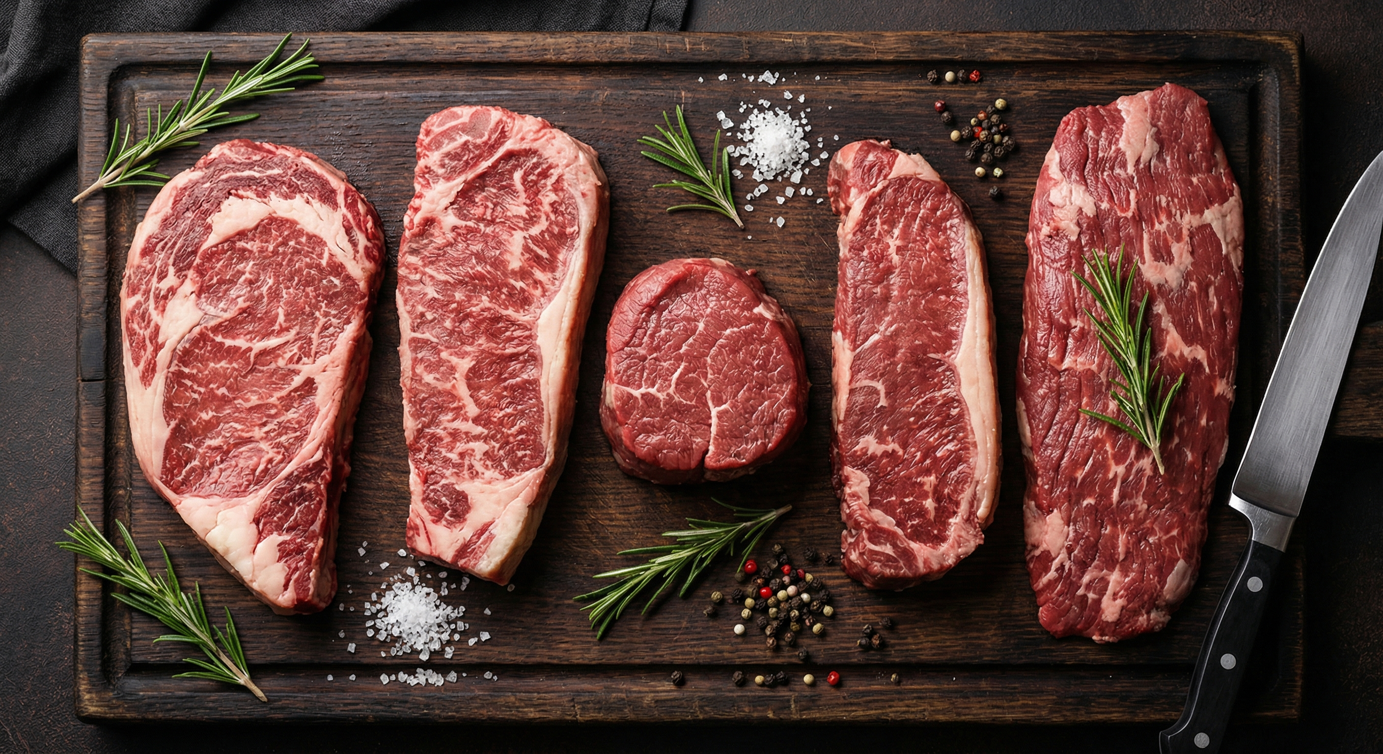 Variety of beef steaks including ribeye, NY strip, and filet mignon on a dark cutting board