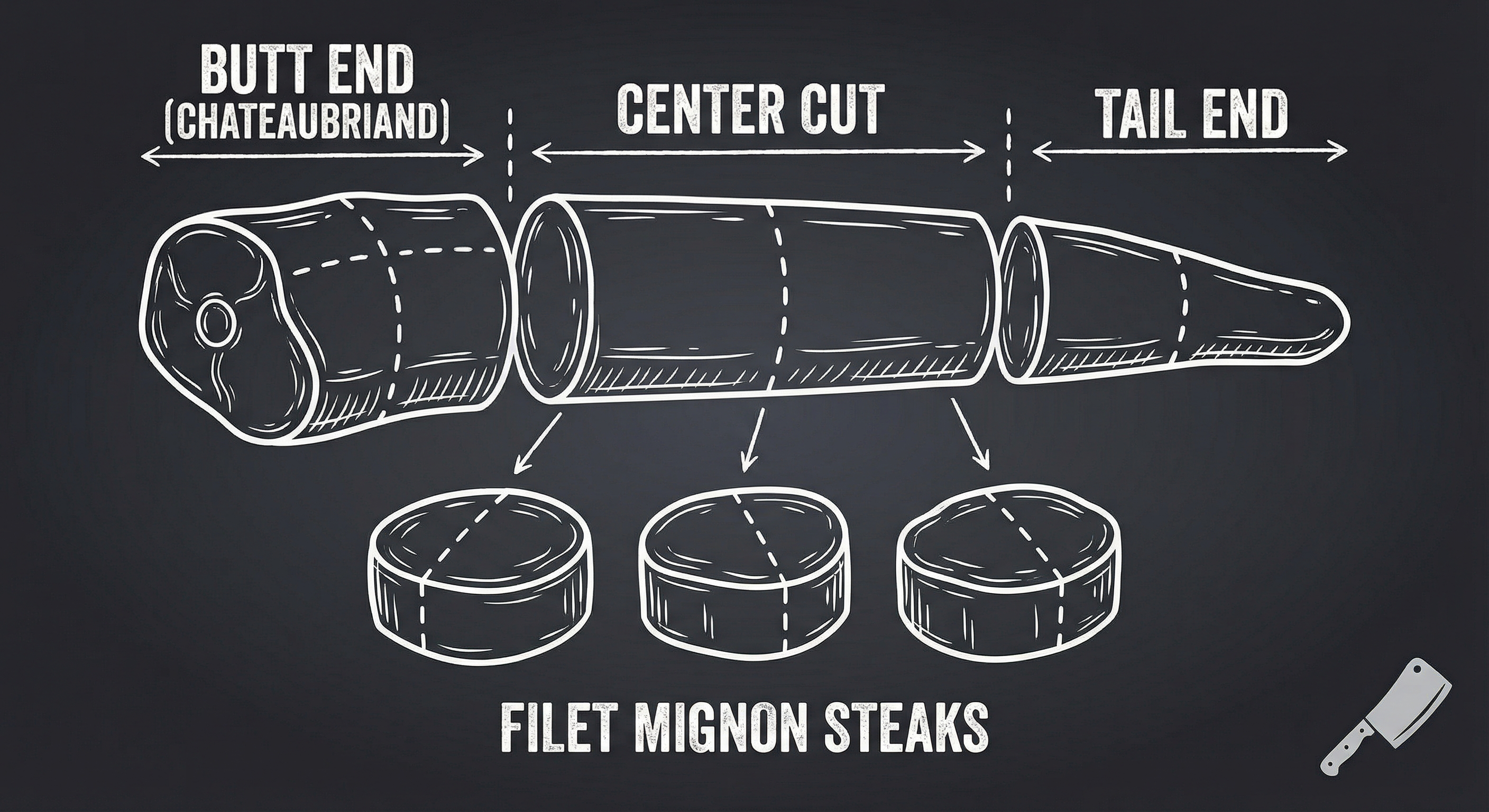 Beef tenderloin anatomy diagram showing the butt end, center cut, and tail sections with filet mignon steaks