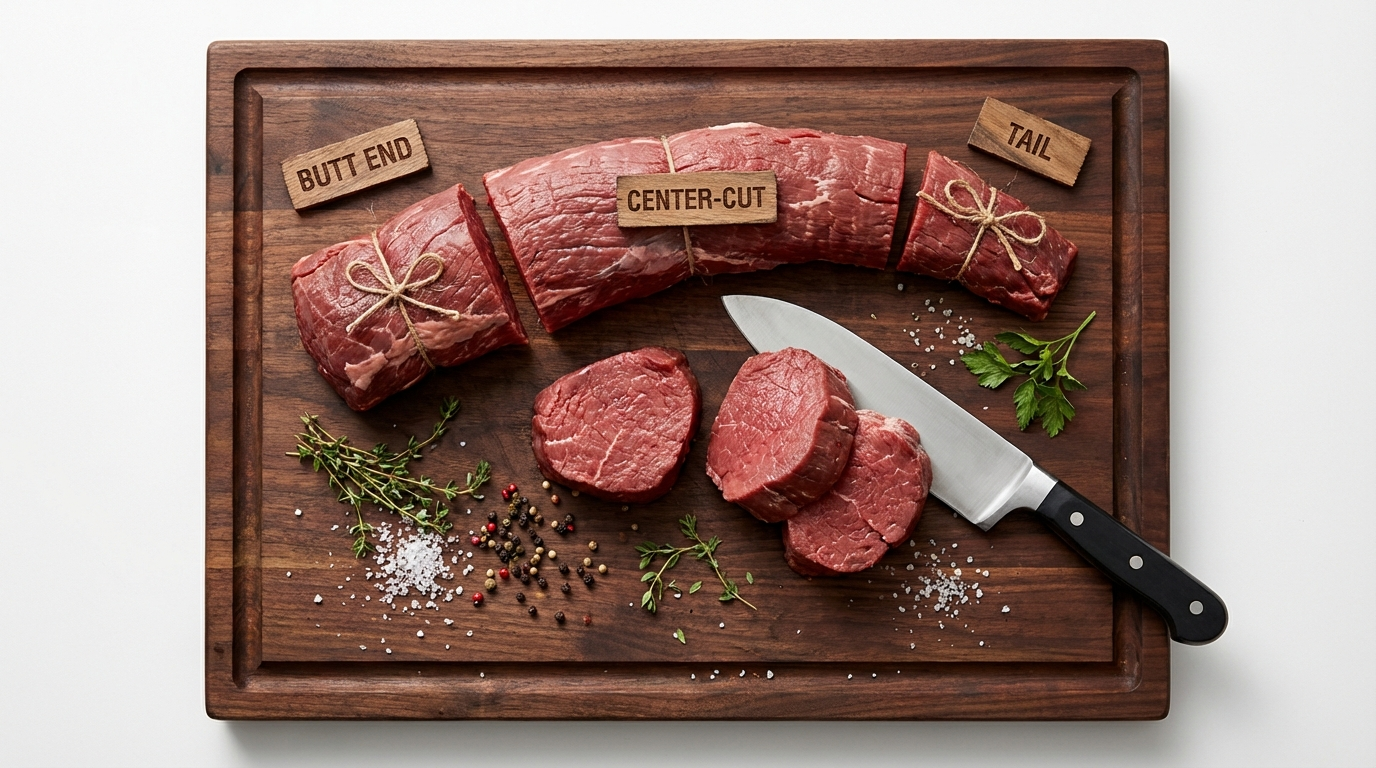 Overhead view of whole beef tenderloin showing butt end, center-cut, and tail sections with filet mignon steaks