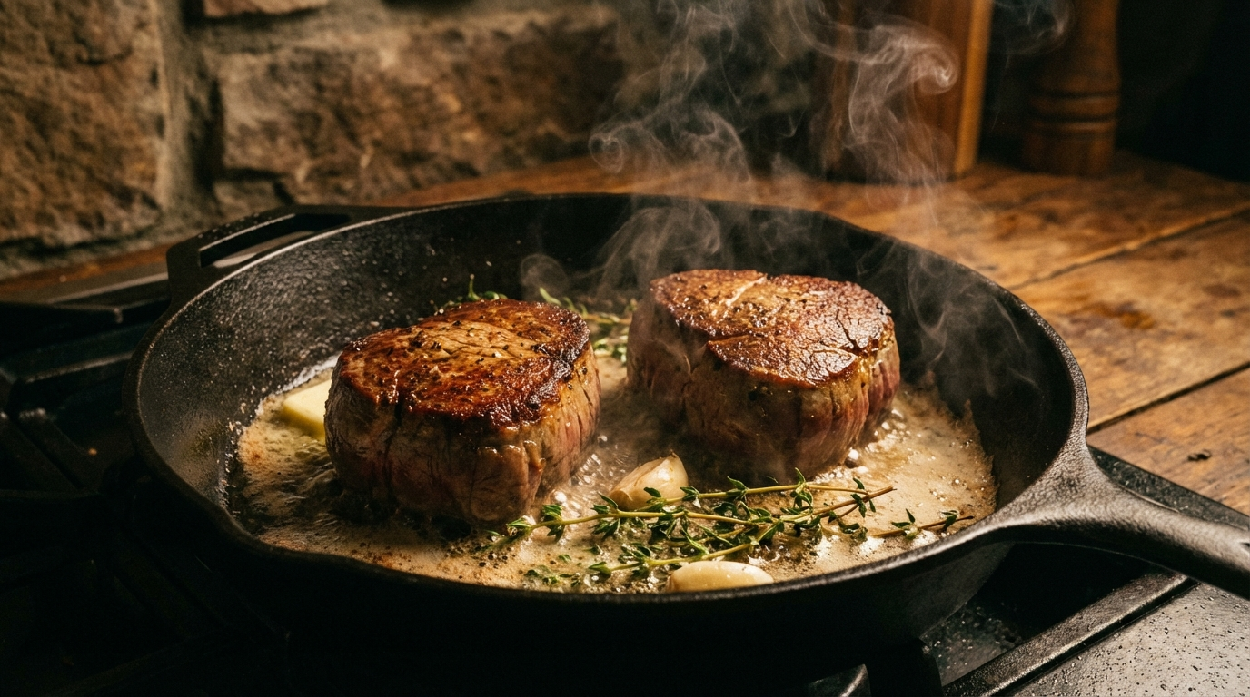 Two filet mignon steaks searing in cast iron skillet with butter and fresh thyme, golden crust forming