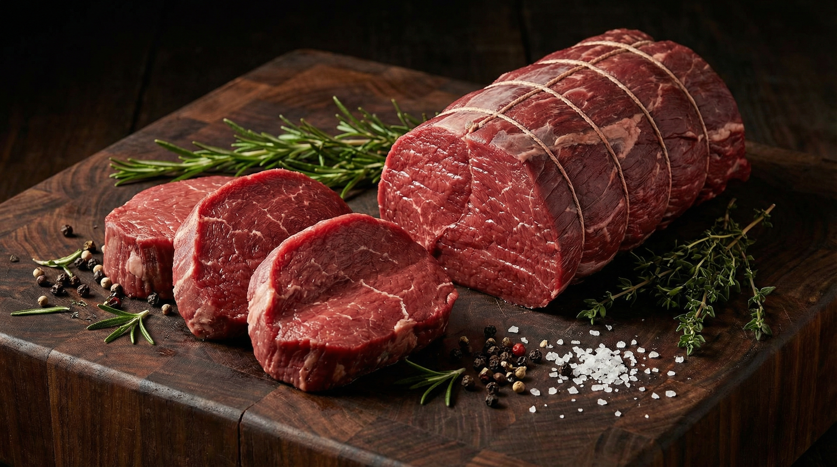 Whole beef tenderloin roast beside thick-cut filet mignon steaks on dark butcher block