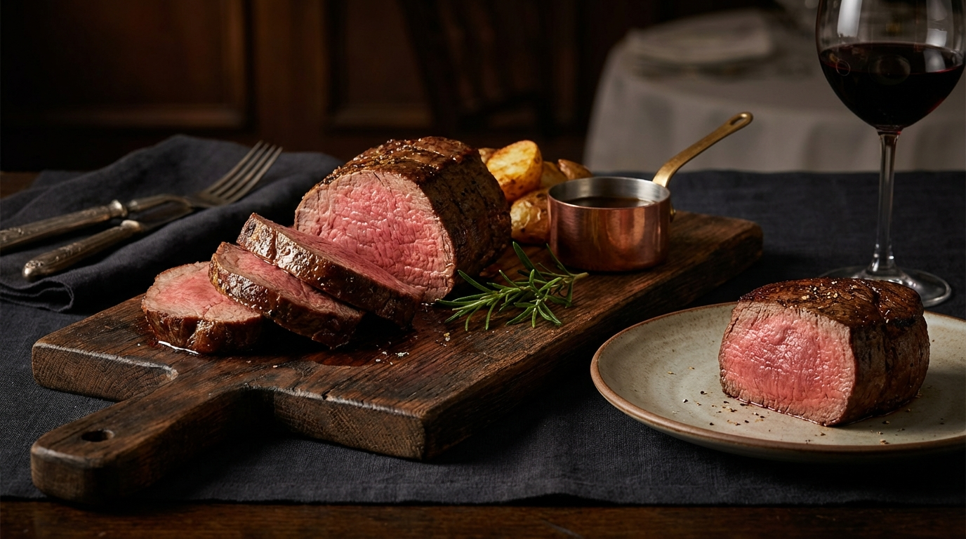 Sliced medium-rare beef tenderloin roast on cutting board beside a plated filet mignon steak showing pink interiors