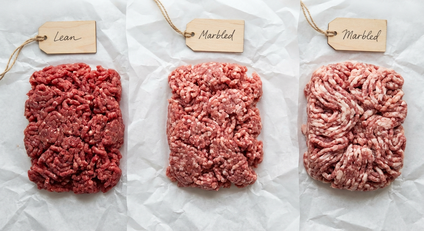 Overhead comparison of three ground beef samples showing different fat ratios from lean to richly marbled on white butcher paper