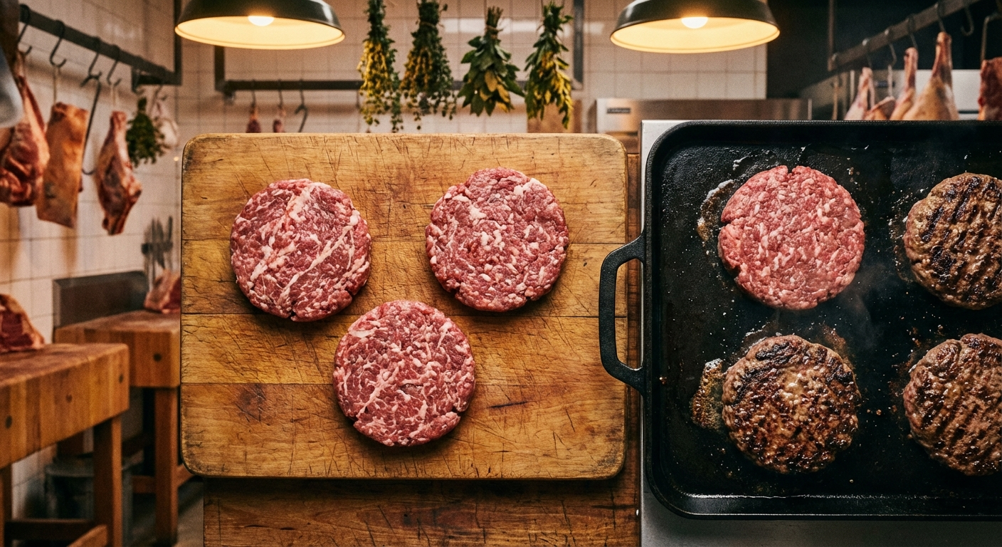 Freshly formed beef burger patties on a wooden cutting board showing coarse grind and visible marbling next to a hot cast iron griddle