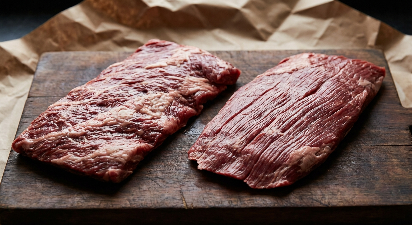 Raw skirt steak and flank steak side by side on a cutting board showing grain and marbling differences