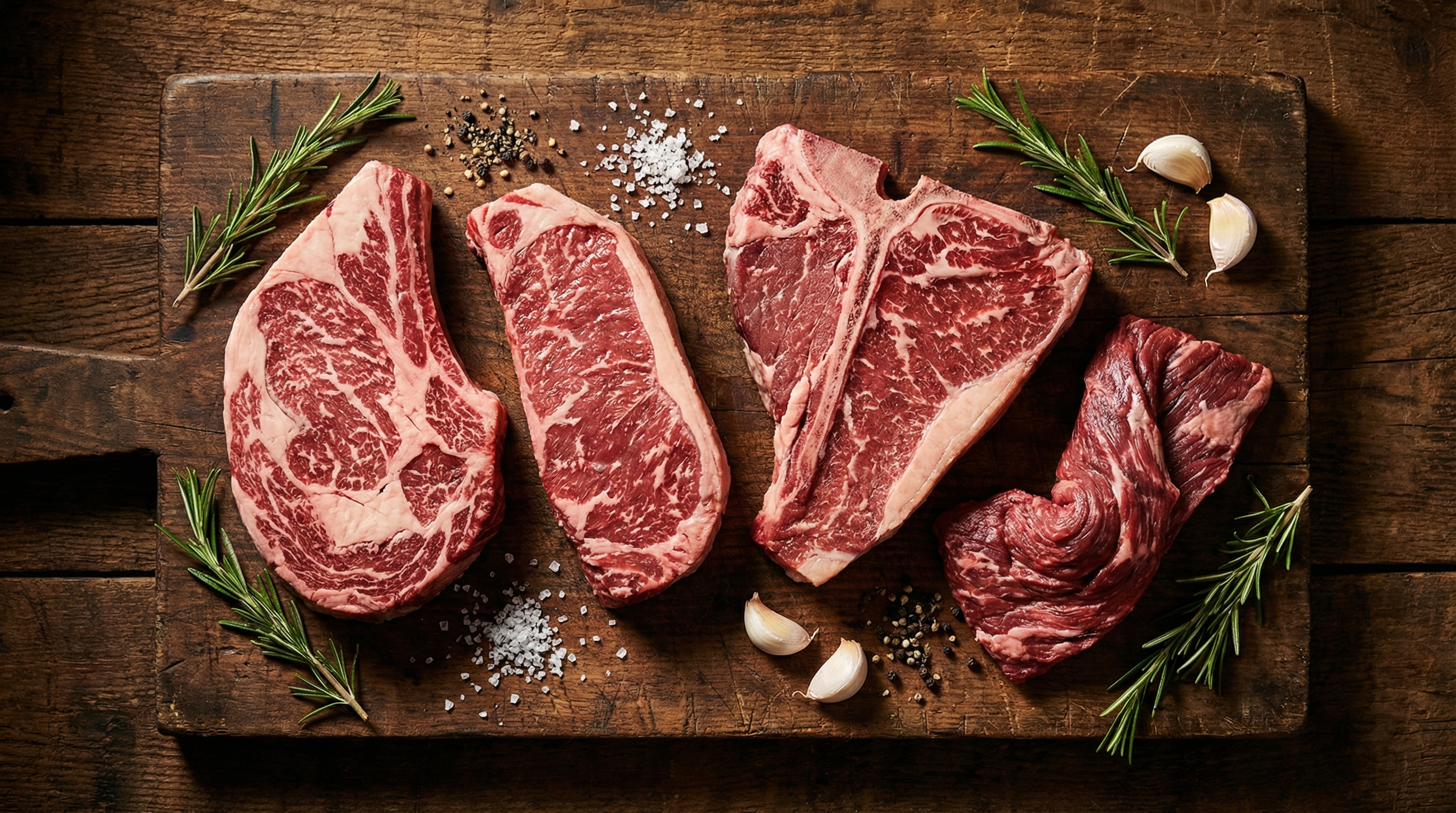 Premium beef steaks arranged on dark cutting board for grilling including ribeye, strip, T-bone, and skirt steak with herbs