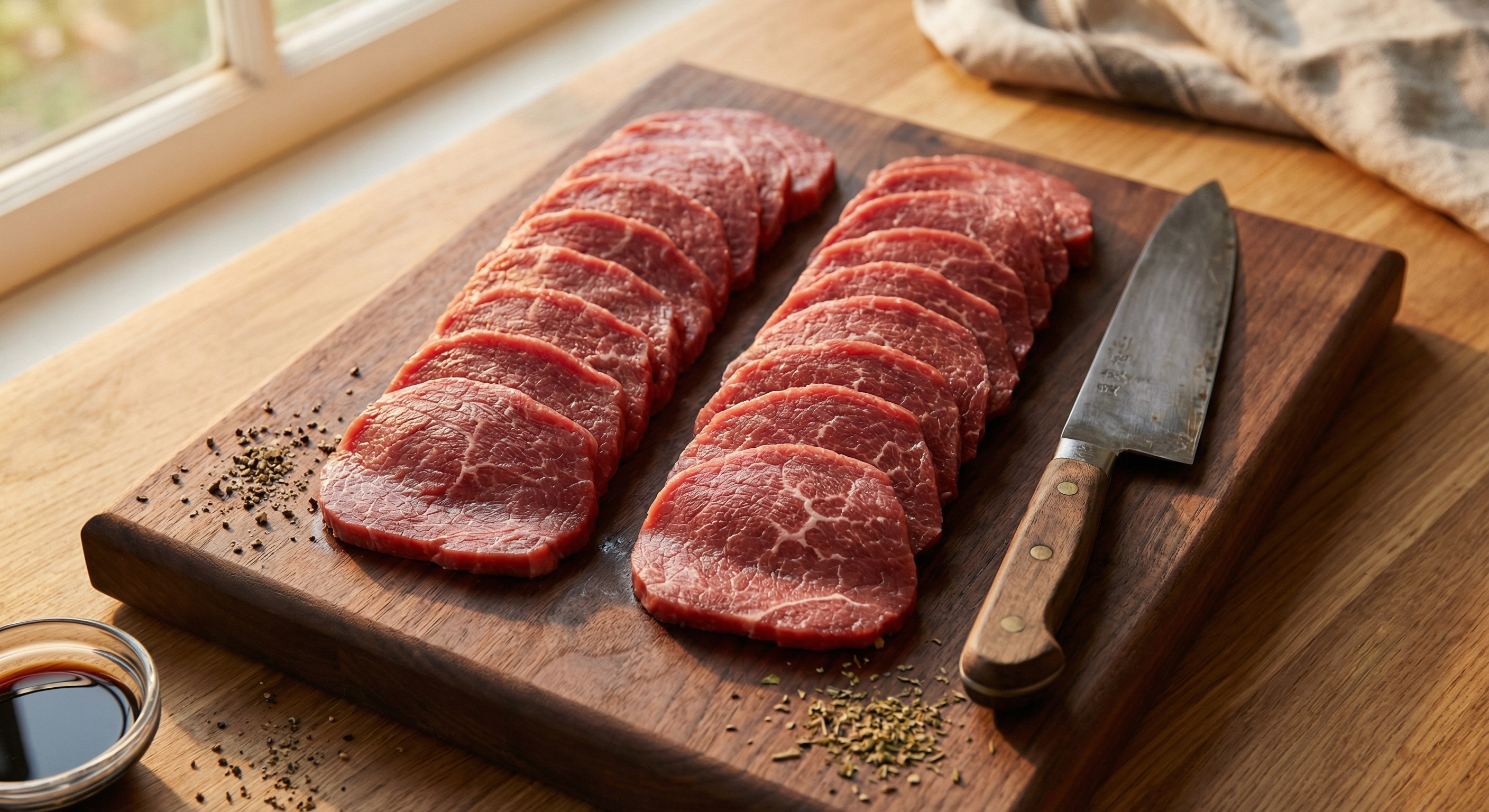 Thinly sliced eye of round beef laid out for jerky preparation on a wooden cutting board