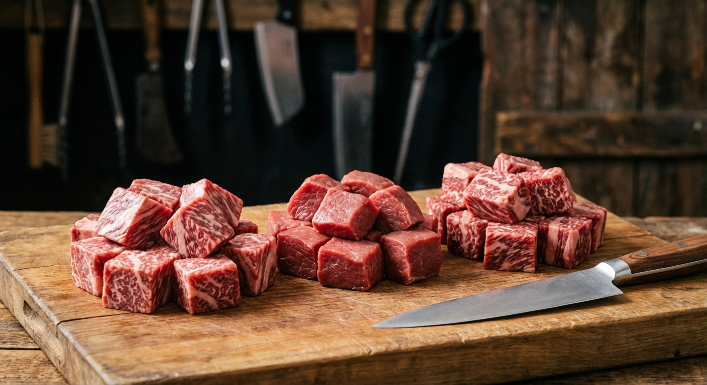 Raw cubed beef pieces on a wooden cutting board showing different cuts side by side with a chef knife nearby