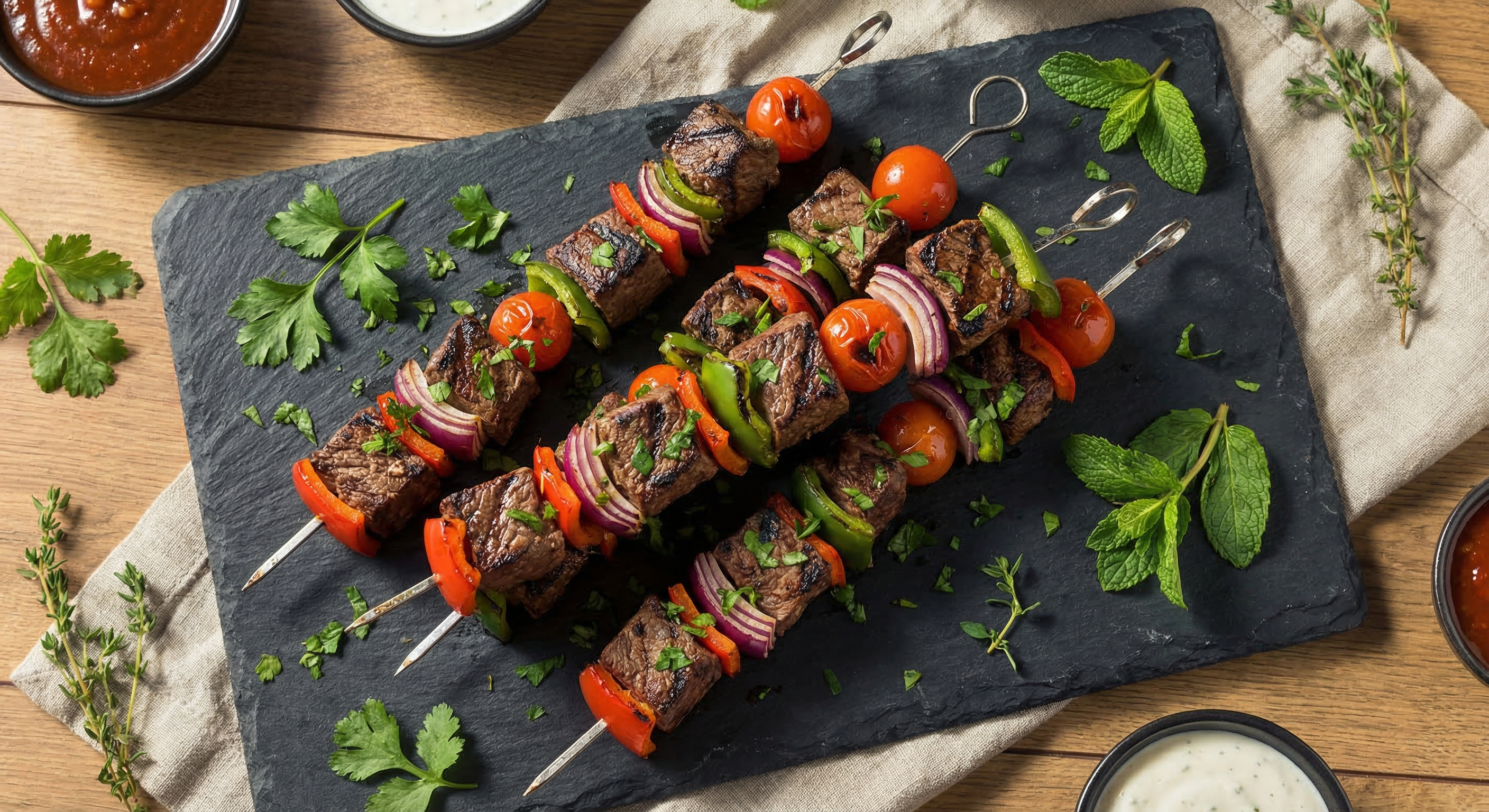 Overhead view of grilled beef kabobs with bell peppers, red onion, and cherry tomatoes on metal skewers arranged on a dark slate board