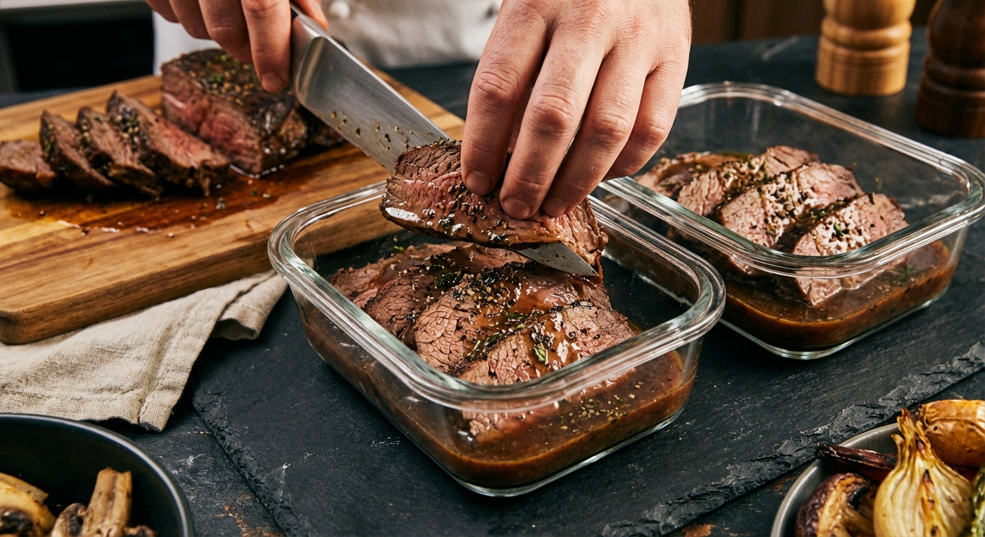 Braised beef chuck portioned into glass meal prep containers with vegetables on a dark surface