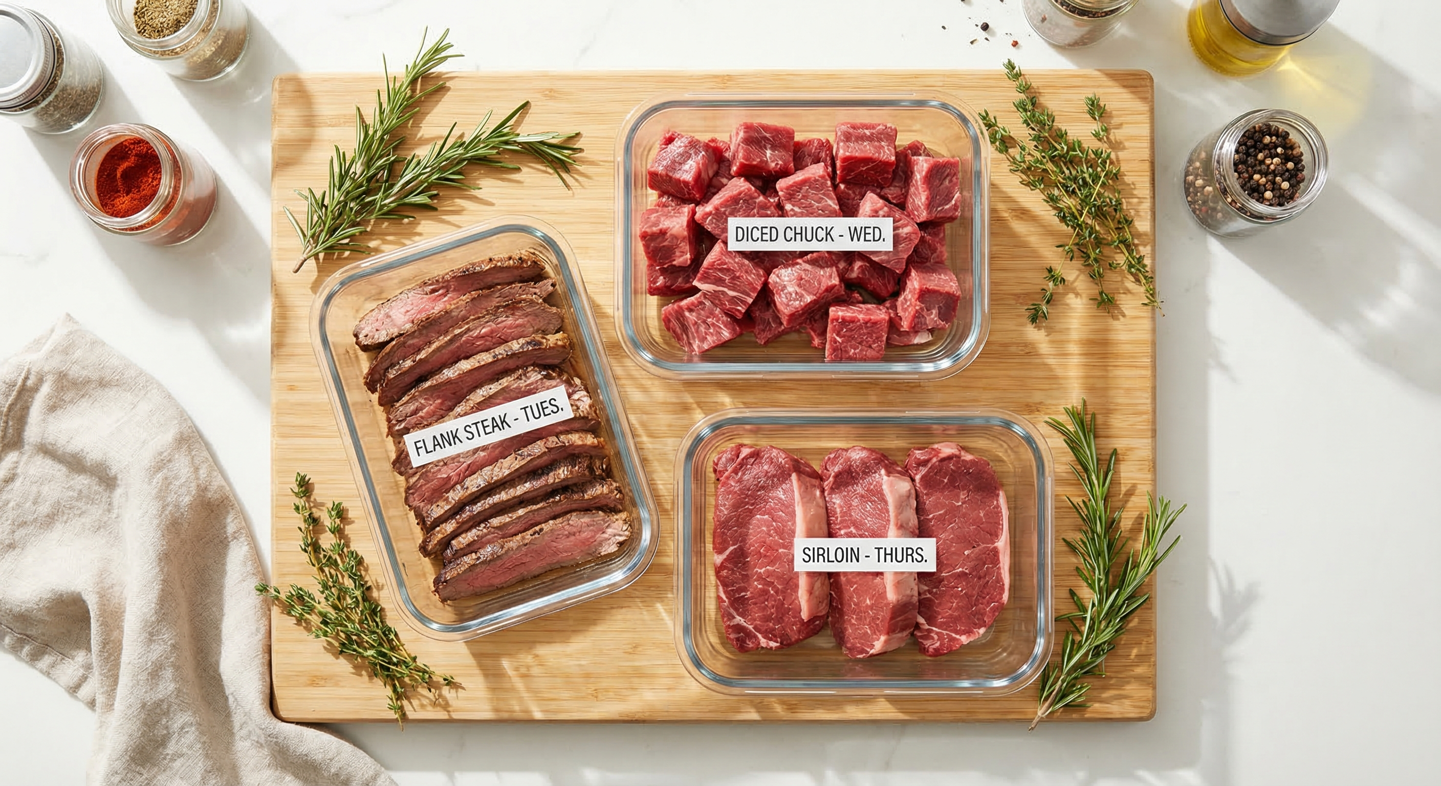 Various beef cuts portioned into glass meal prep containers on a wooden cutting board with fresh herbs
