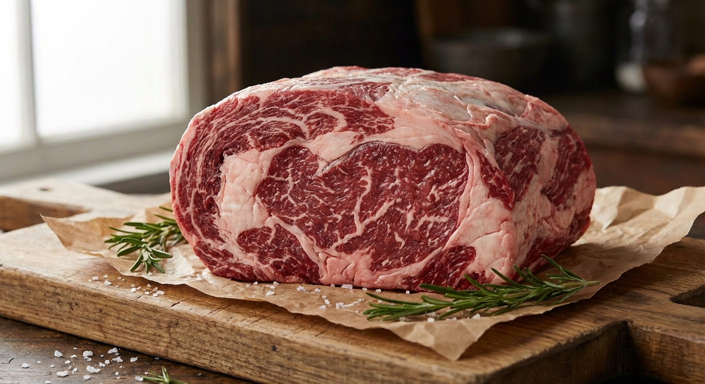 Raw beef chuck roast on a cutting board showing generous marbling and connective tissue ideal for pot roast