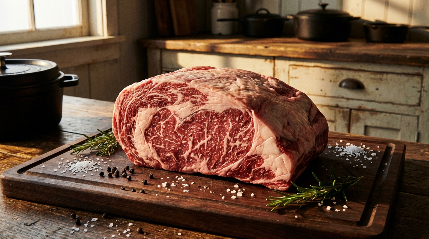 Raw beef chuck roast with rich marbling on dark wooden cutting board with coarse salt and peppercorns