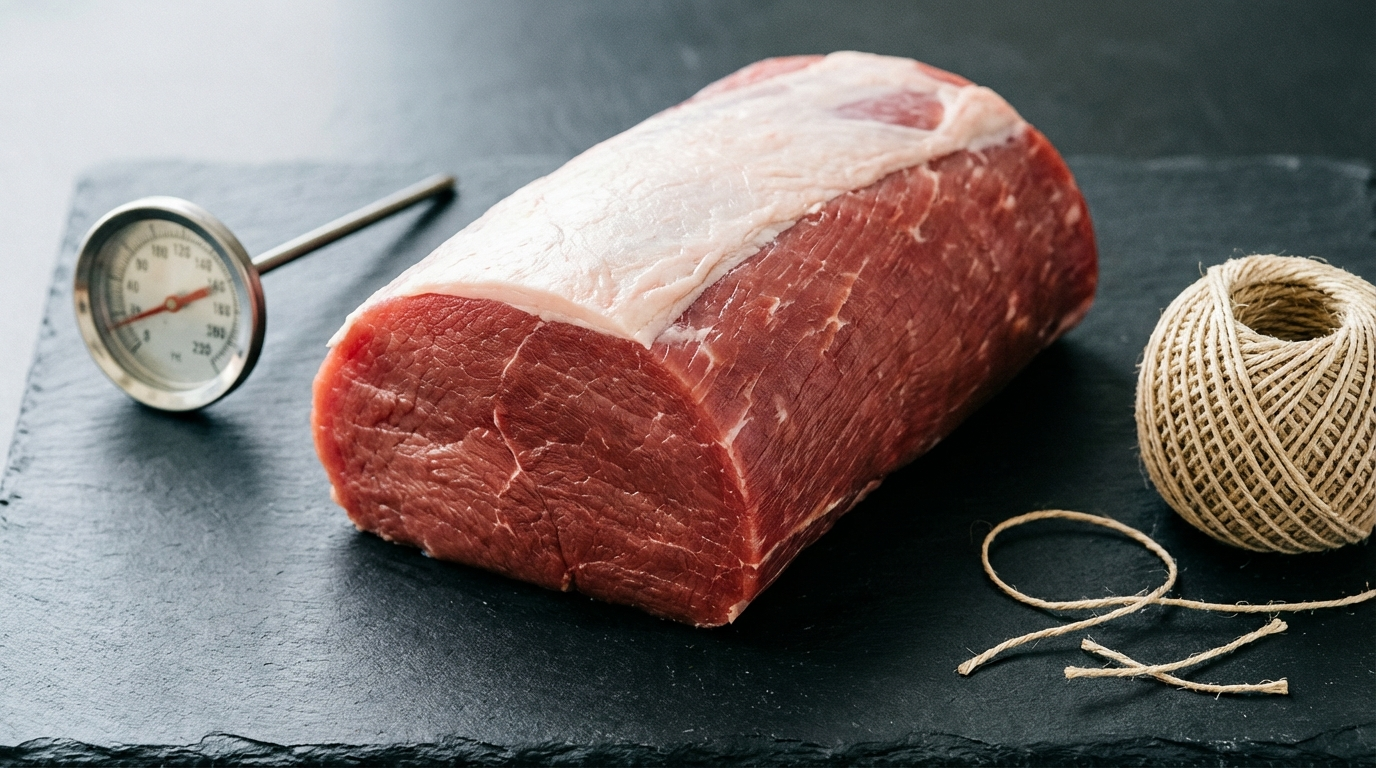 Raw eye of round roast showing lean cylindrical shape with thin fat cap beside a meat thermometer
