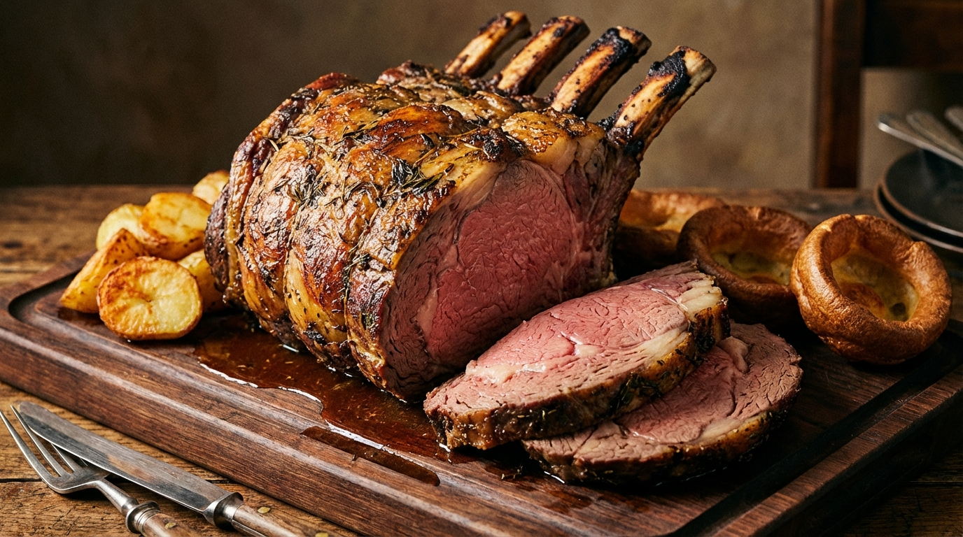 Standing rib roast with golden-brown crust and exposed rib bones sliced to reveal medium-rare interior