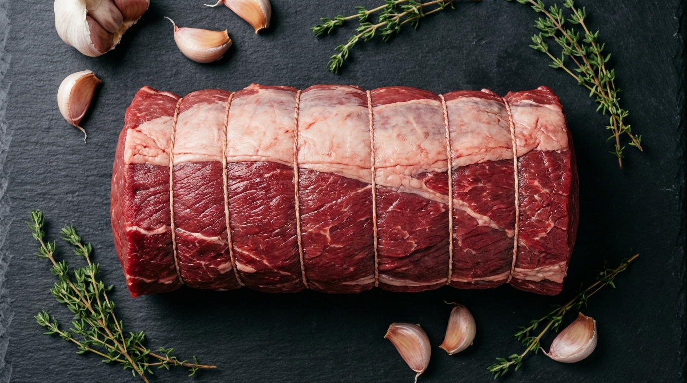 Whole beef tenderloin tied with butcher twine on dark slate surface with garlic and fresh thyme