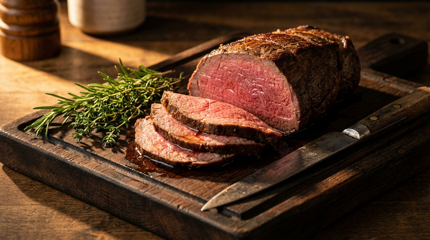 Sliced top sirloin roast revealing juicy medium-rare interior on dark wooden carving board with carving knife