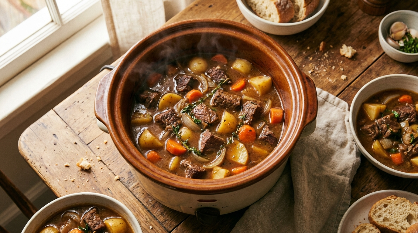 Ceramic slow cooker filled with tender braised beef and vegetables in rich brown gravy with steam rising