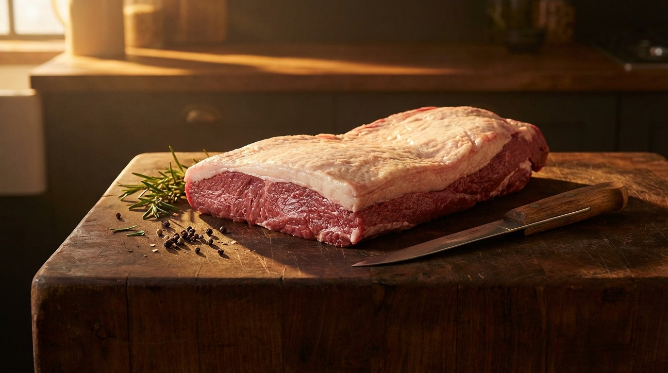 Raw beef brisket flat with visible fat cap on a dark butcher block alongside a boning knife