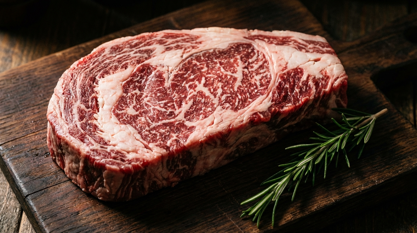 Raw beef chuck roast showing rich marbling and thick grain on a dark cutting board with rosemary