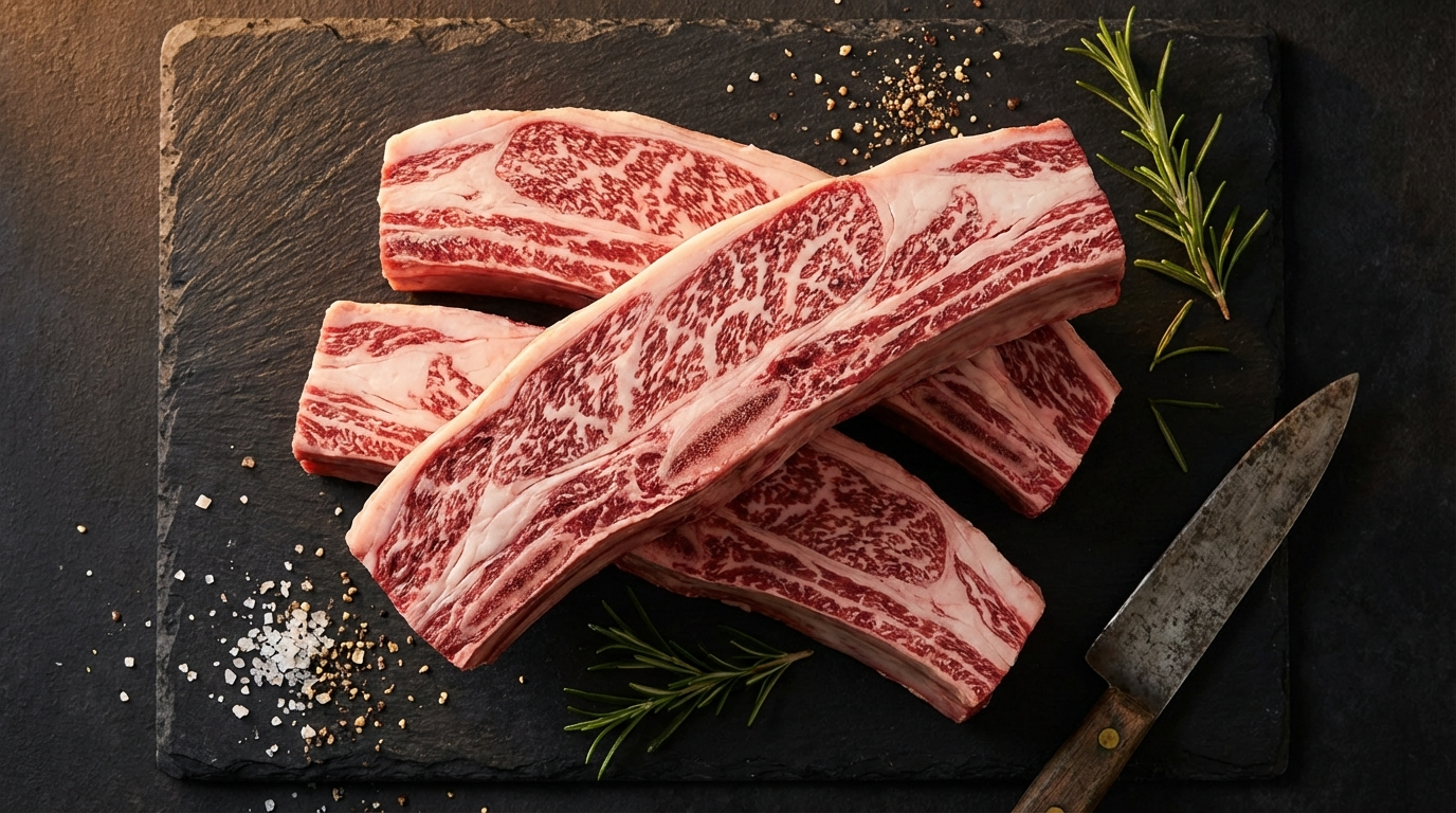 Bone-in beef short ribs with visible marbling stacked on a dark slate surface