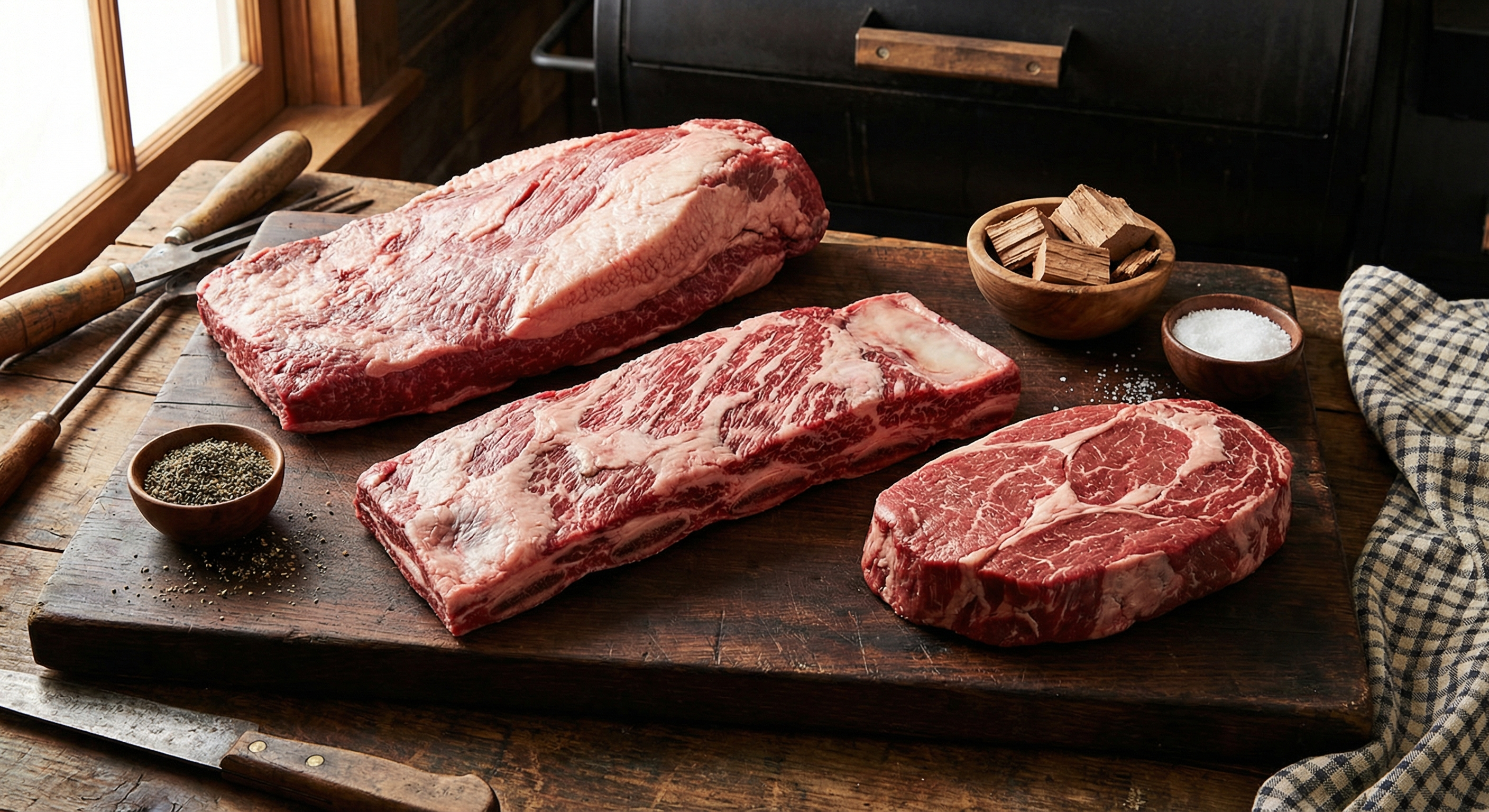 Assortment of raw beef cuts prepared for smoking including brisket, beef ribs, and chuck roast on a wooden cutting board