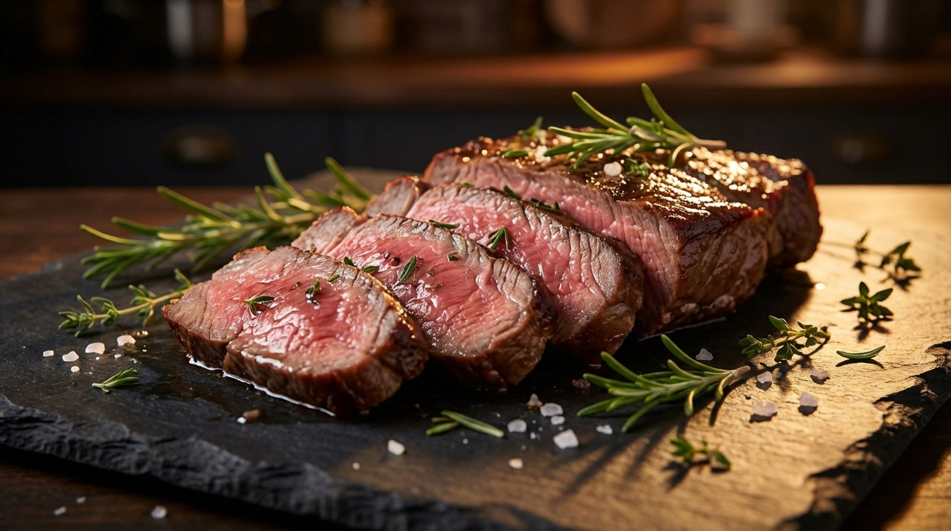 Sliced sous vide chuck roast revealing pink medium-rare interior on dark slate with herbs