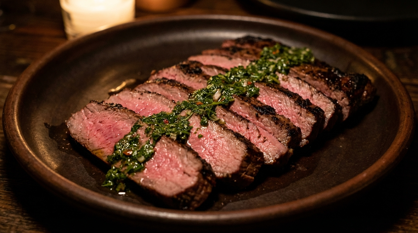 Sliced sous vide flank steak showing medium-rare center with charred exterior and chimichurri