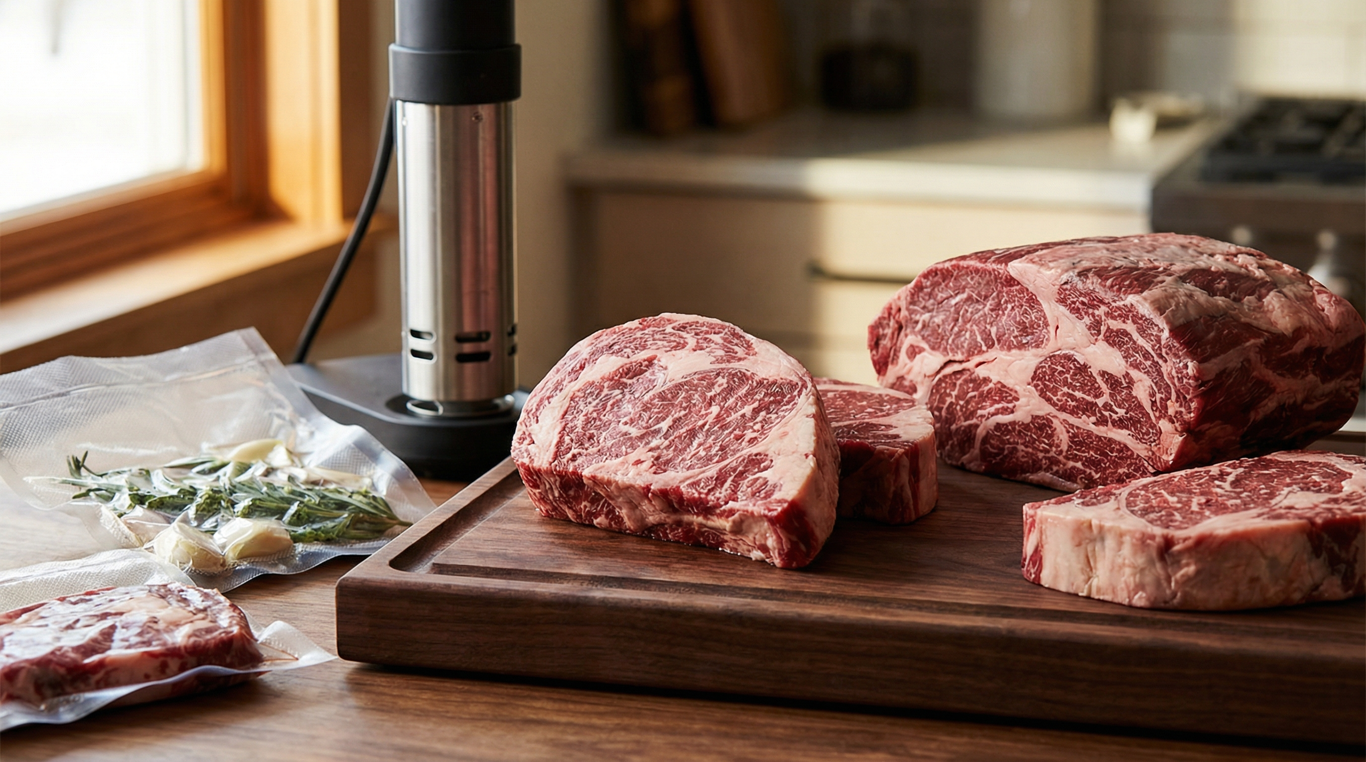Raw beef cuts arranged beside a sous vide immersion circulator and vacuum-sealed bags on a walnut cutting board