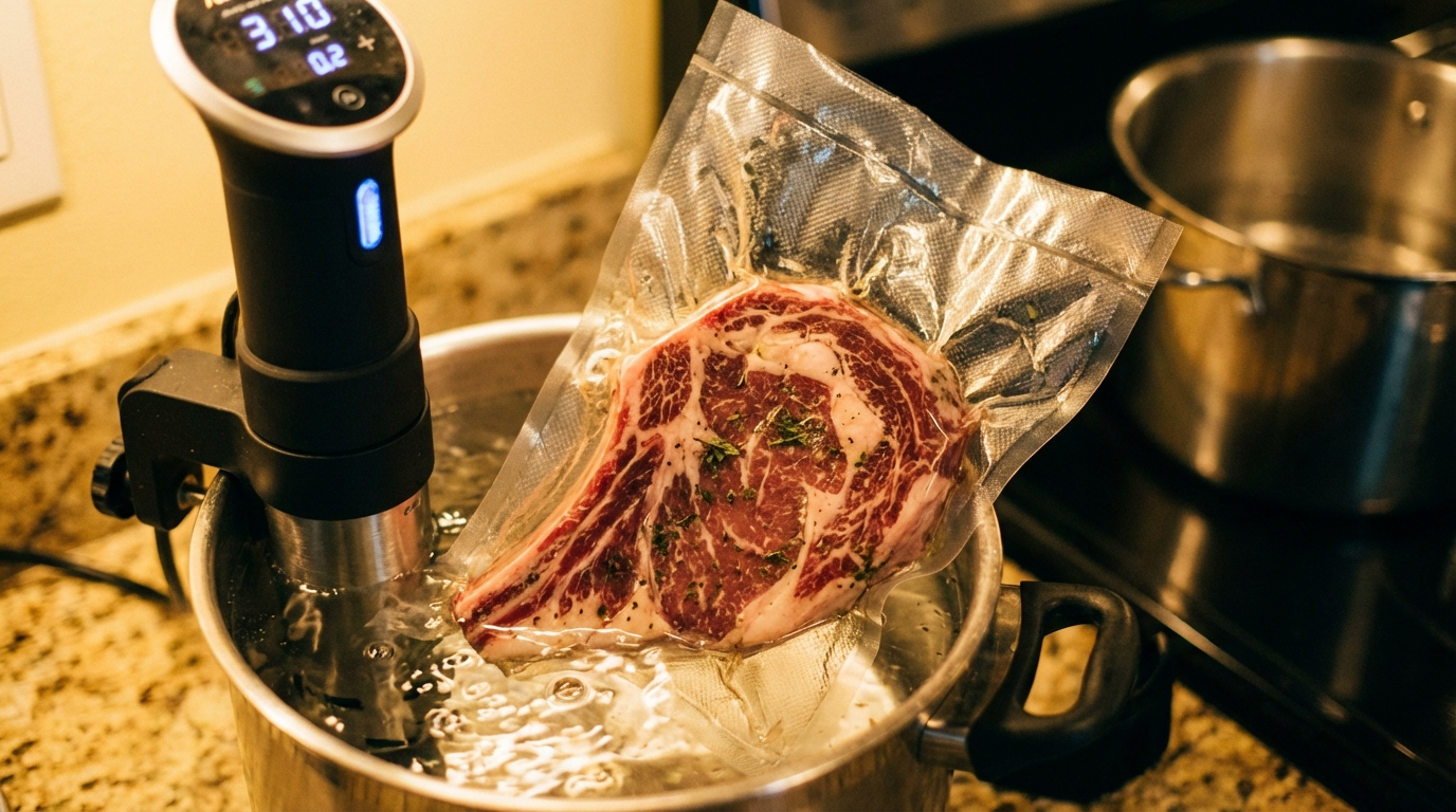 Thick-cut bone-in ribeye steak vacuum sealed in a sous vide water bath with circulator