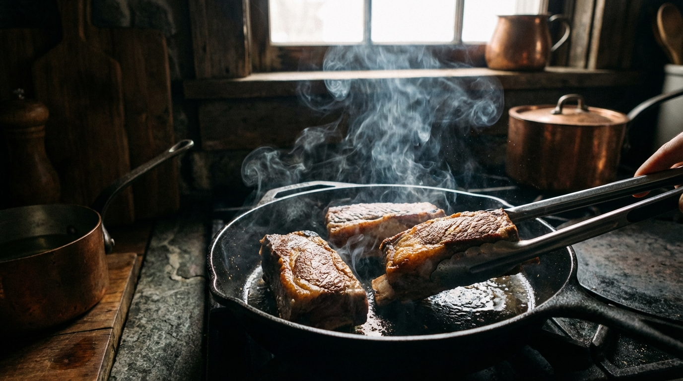 Beef short ribs being seared in a cast iron skillet after sous vide with golden-brown crust
