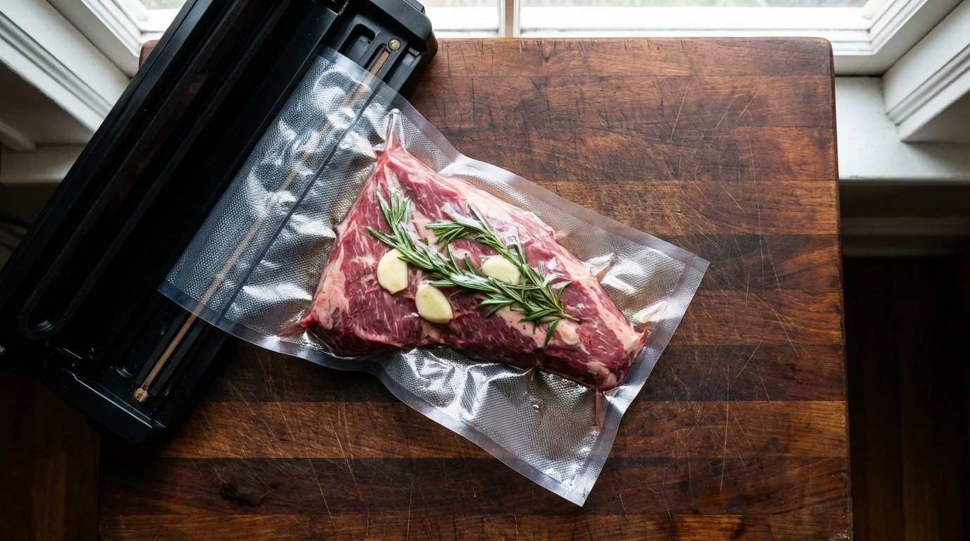 Raw tri-tip steak being vacuum sealed with rosemary and garlic on dark butcher block