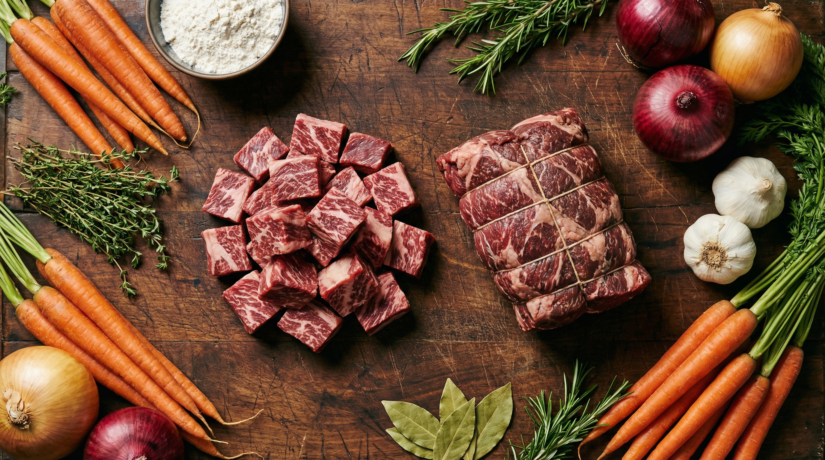 Cubed chuck roast with visible marbling and connective tissue on a dark butcher block