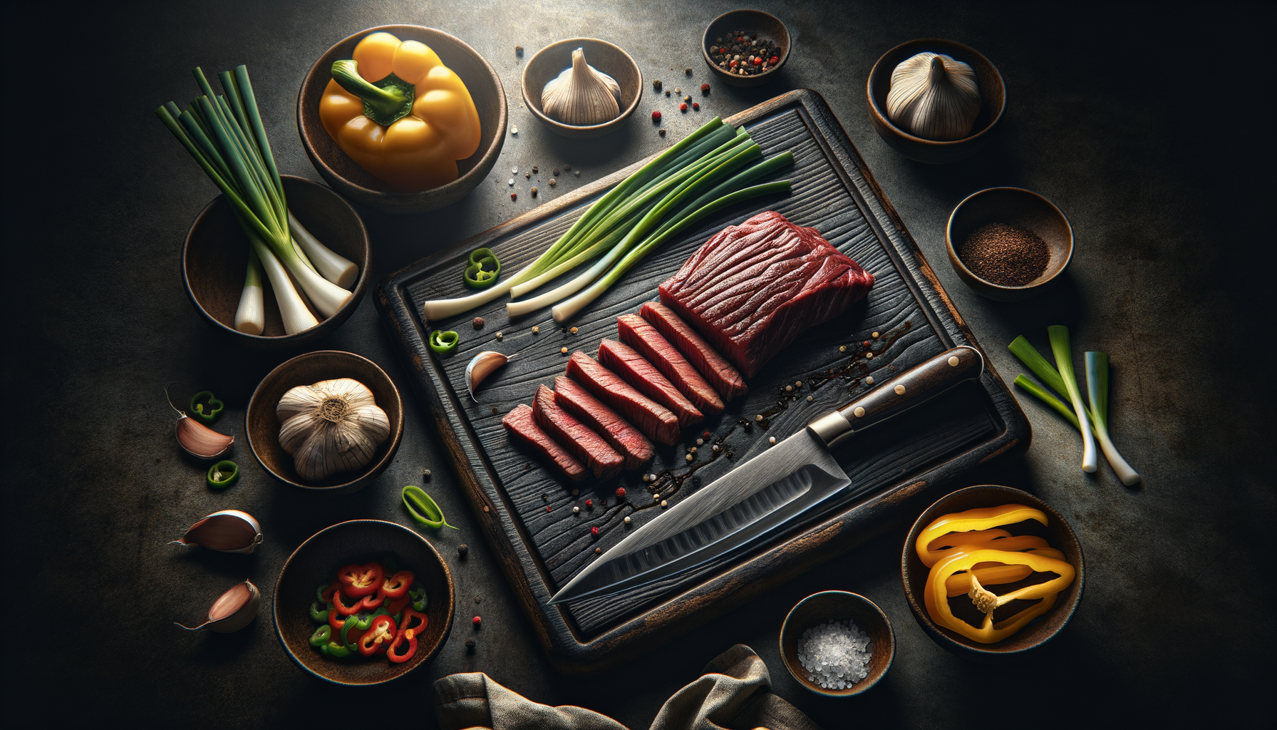 Thinly sliced flank steak strips arranged for stir fry on a wooden cutting board with vegetables