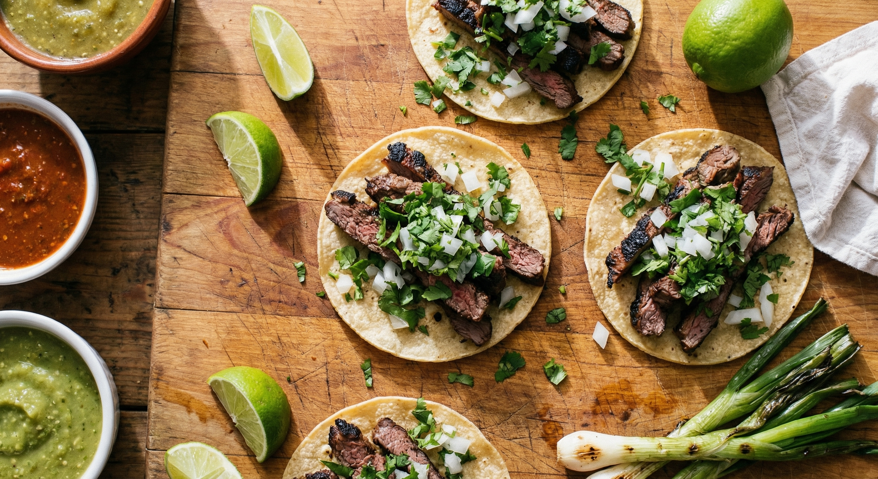 Overhead view of carne asada street tacos on corn tortillas with cilantro, onion, and lime on a rustic cutting board