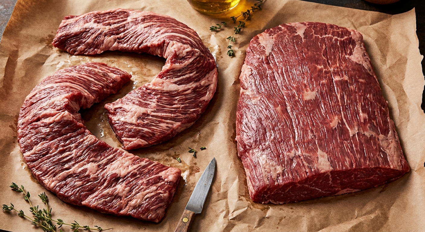 Raw skirt steak and flank steak side by side on butcher paper showing grain direction and marbling differences