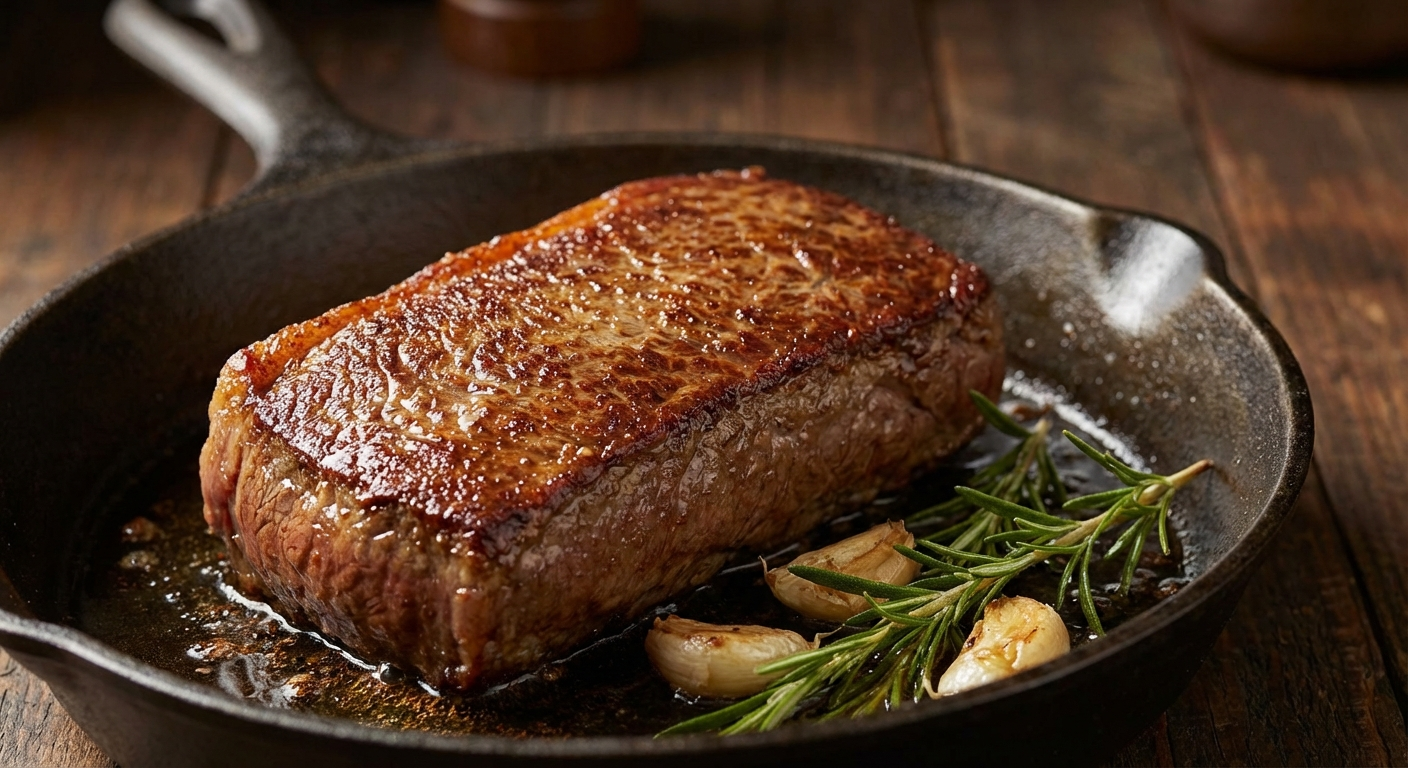 Flat iron steak with a golden-brown sear in a cast iron pan alongside garlic cloves and fresh rosemary